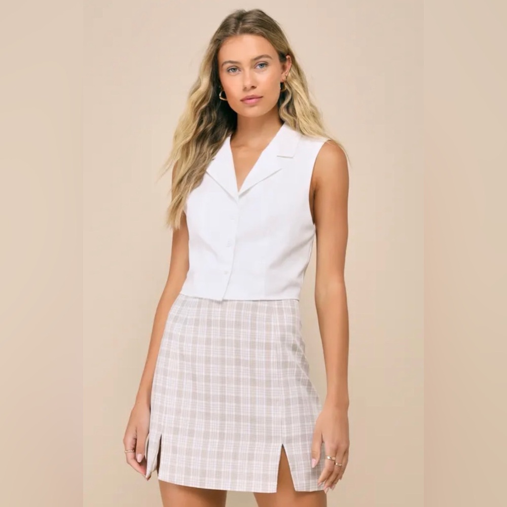 Fetching Cutie Beige Plaid High-Rise Notched Mini Skirt